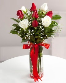 5 kırmızı 4 beyaz gül vazoda  Ordu online çiçek gönderme sipariş 